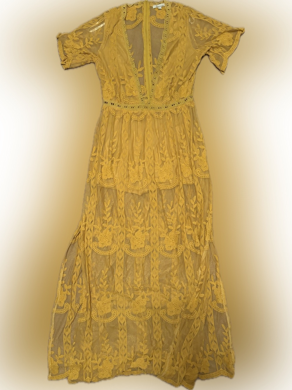 the clothing company Mustard Yellow Lace Romper Boho Dress